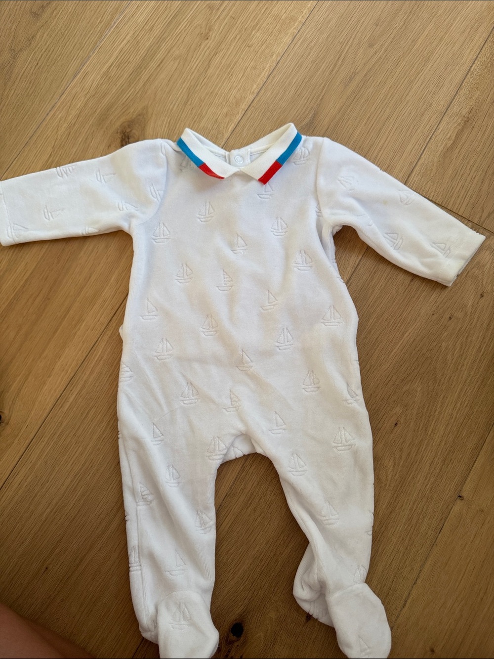 Jacadi White Embossed Sail Footed One-Piece with Blue and Red Trim